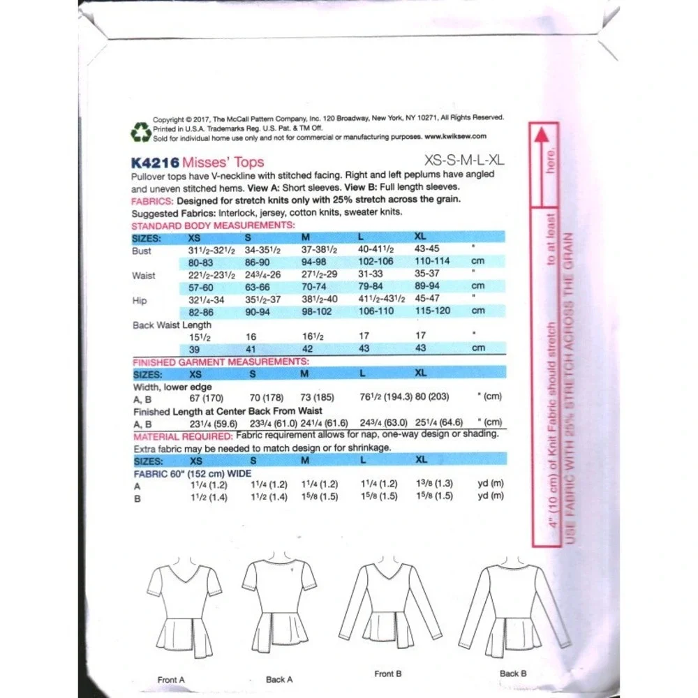 Kwik Sew K4216 Misses Peplum Top Sewing Pattern XS-XL V-Neck Knit Pullover